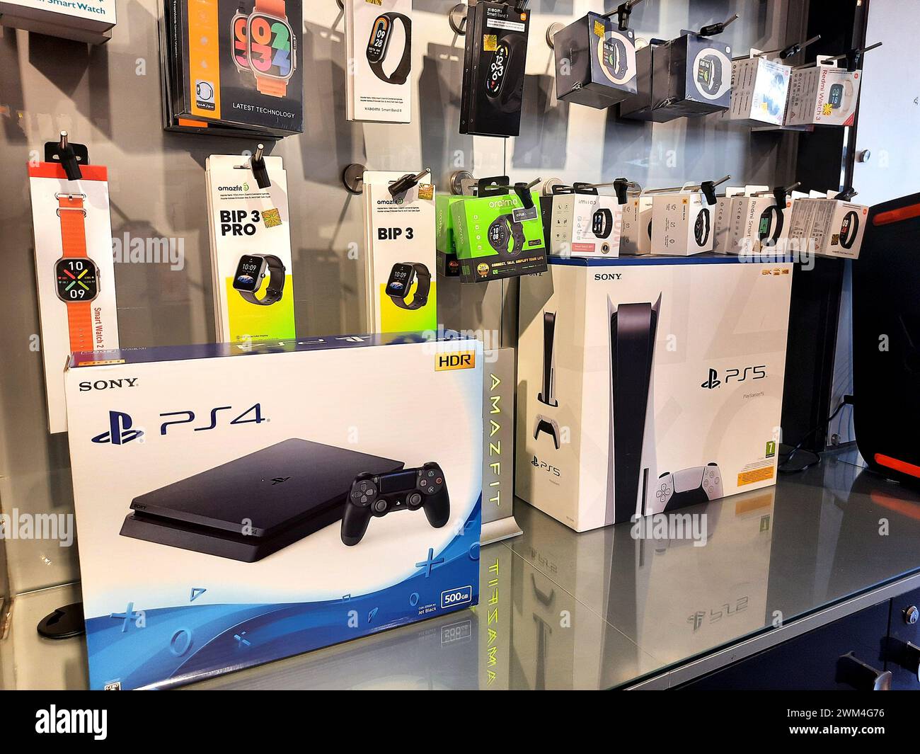 Cairo, Egypt, February 9 2024: Play station PS4 PS5 by Sony, a video gaming brand that consists of five home video game consoles, two handhelds, a med Stock Photo