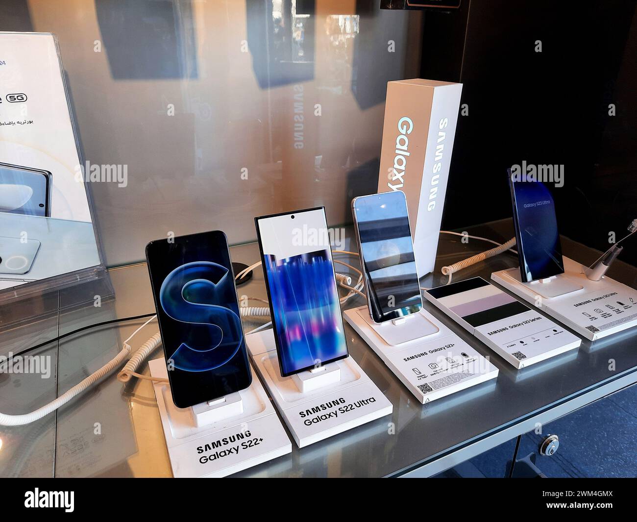 Cairo, Egypt, February 9 2024: Samsung flagship cellphone models, Samsung group is a South Korean multinational manufacturing conglomerate headquarter Stock Photo