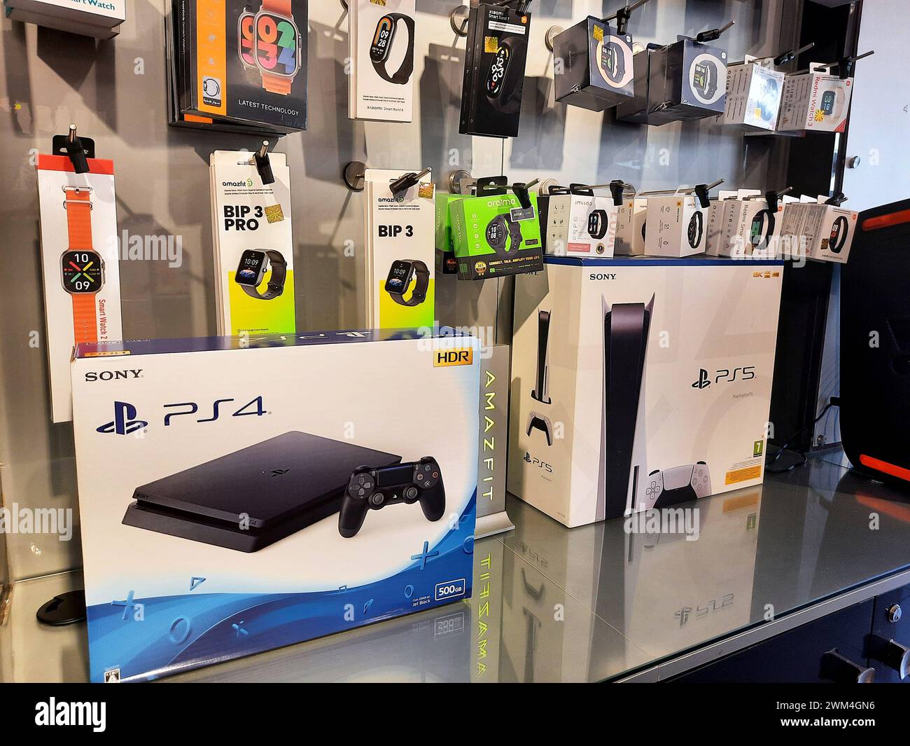 Cairo, Egypt, February 9 2024: Play station PS4 PS5 by Sony, a video gaming brand that consists of five home video game consoles, two handhelds, a med Stock Photo