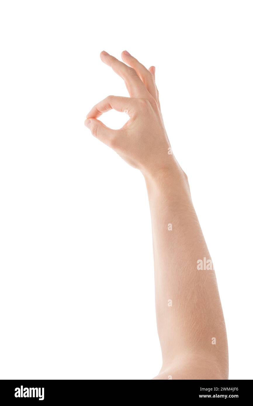 Adult man hand hold something with fingers isolated on white background ...