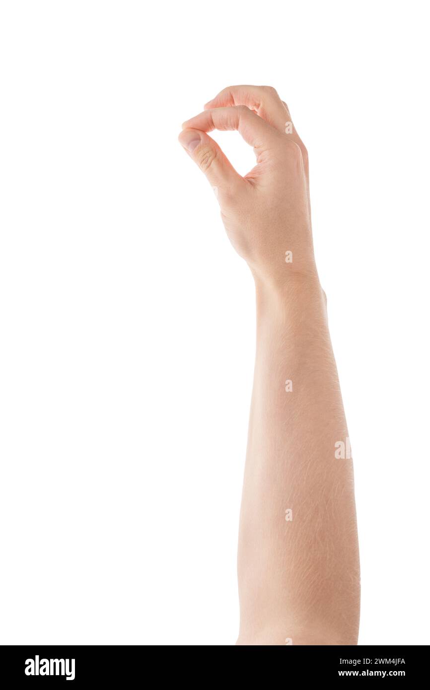 Adult man hand hold something with fingers isolated on white background ...