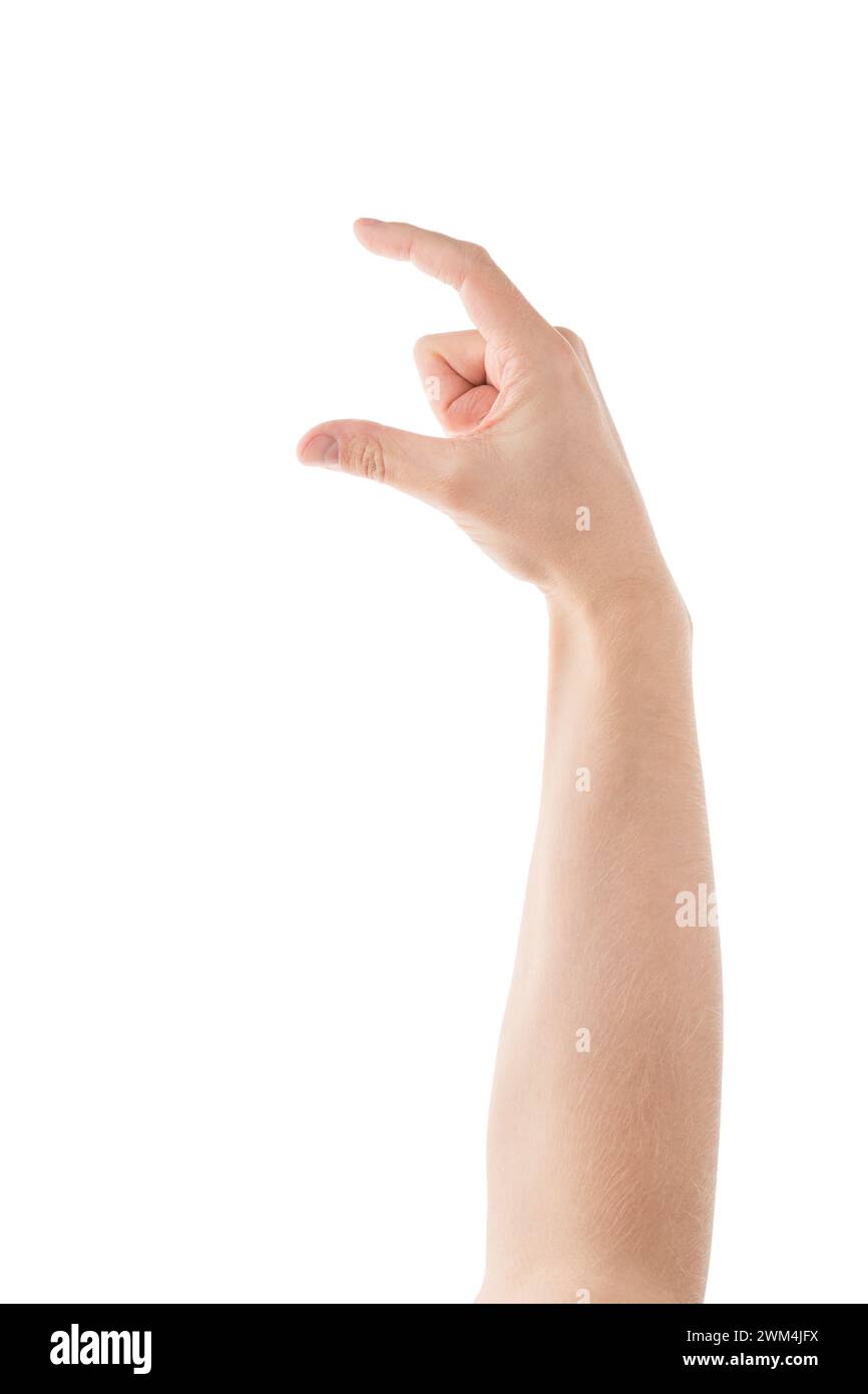 Adult man hand hold something with fingers isolated on white background ...