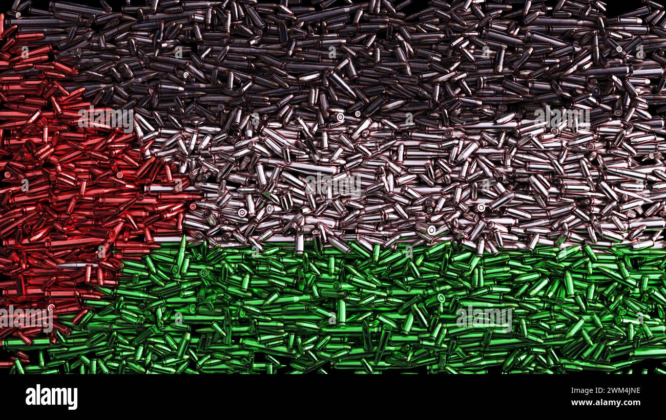 Red white black green Palestine flag bullets ammunition silver war 3d