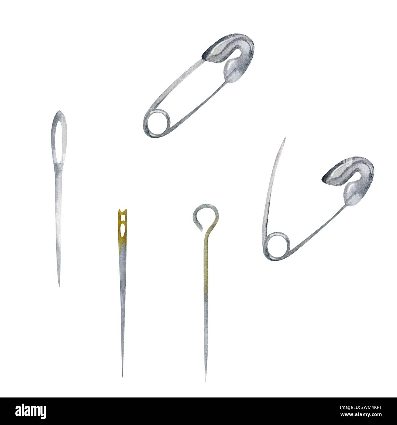 Hand drawn watercolor illustration sewing craft supplies. Safety pins