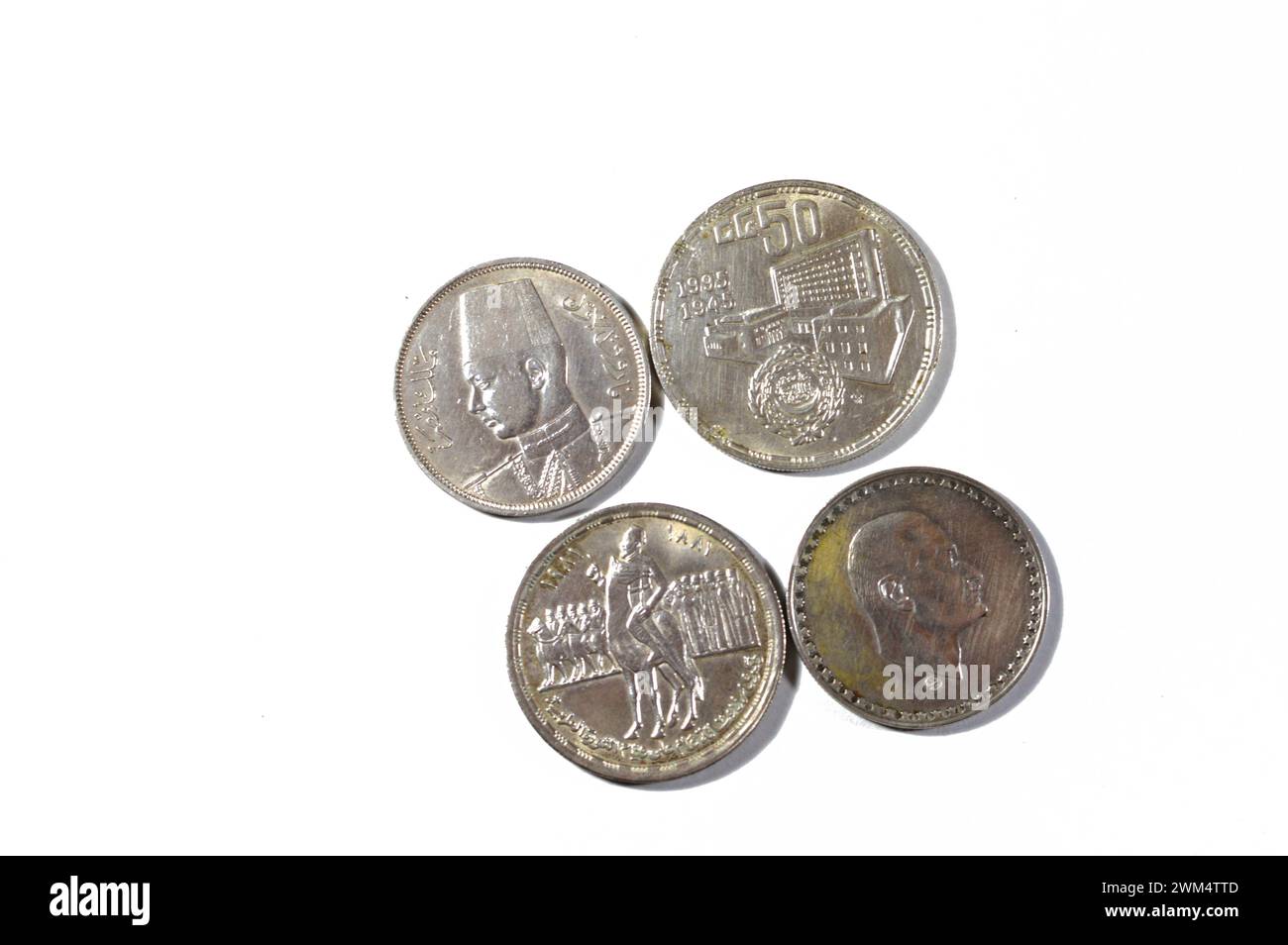 Background of Egyptian silver coins of Orabi revolution, President Gamal Abdel Nasser, king Farouk I and the golden Jubilee of the Arab league, old vi Stock Photo