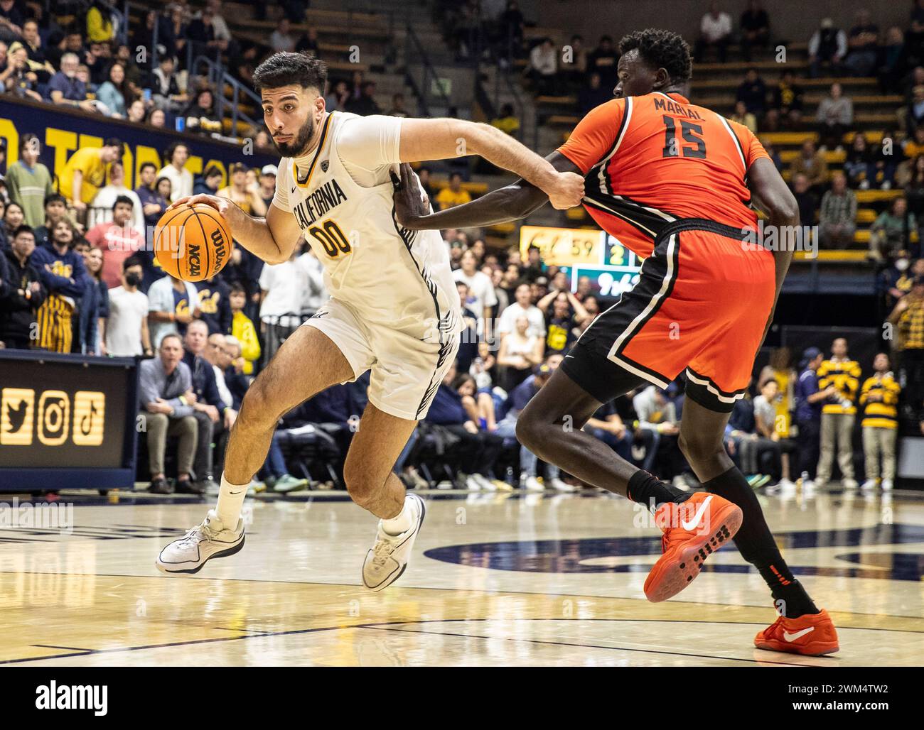 Haas Pavilion Berkeley Calif, USA. 22nd Feb, 2024. CA U.S.A. California forward Fardaws Aimaq (00)goes to the basket during the NCAA Men's Basketball game between Oregon State Beavers and the California Golden Bears. California beat Oregon State 81-73 at Haas Pavilion Berkeley Calif. Thurman James/CSM (Credit Image: © Thurman James/Cal Sport Media). Credit: csm/Alamy Live News Stock Photo