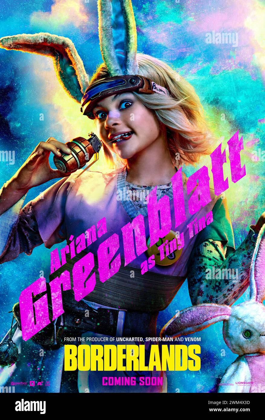 Borderlands (2024) directed by Eli Roth and starring Ariana Greenblatt as Tiny Tina in a big screen outing based on the popular video game set on the abandoned planet of Pandora where people search for a mysterious relic. Character poster ***EDITORIAL USE ONLY***. Credit: BFA / Lionsgate Stock Photo