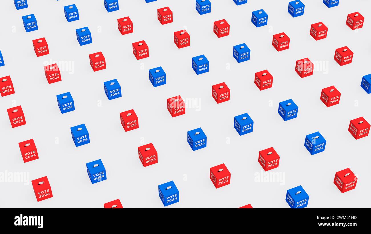 voting elections united states presidential elections ballot box 2024 democracy red blue polling vote 3d illustration render digital rendering Stock Photo