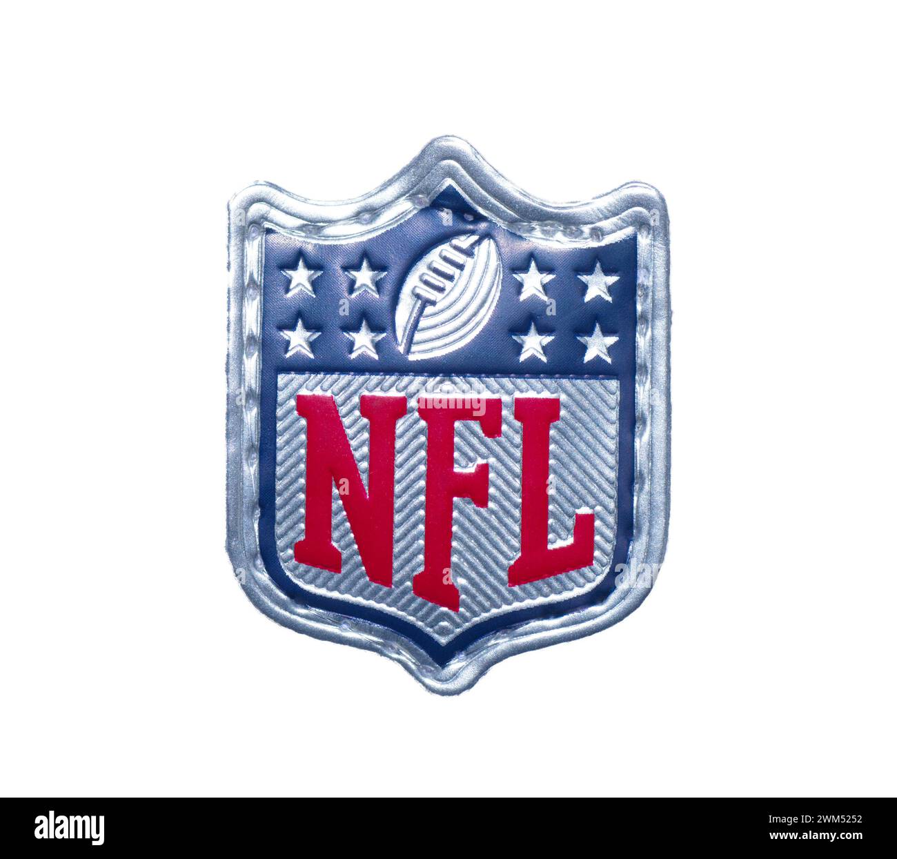 February 21, 2024 Ocala, Florida the logo of the brand NFL National Football League stitched emblem isolated on white background. Badge as seen on all Stock Photo