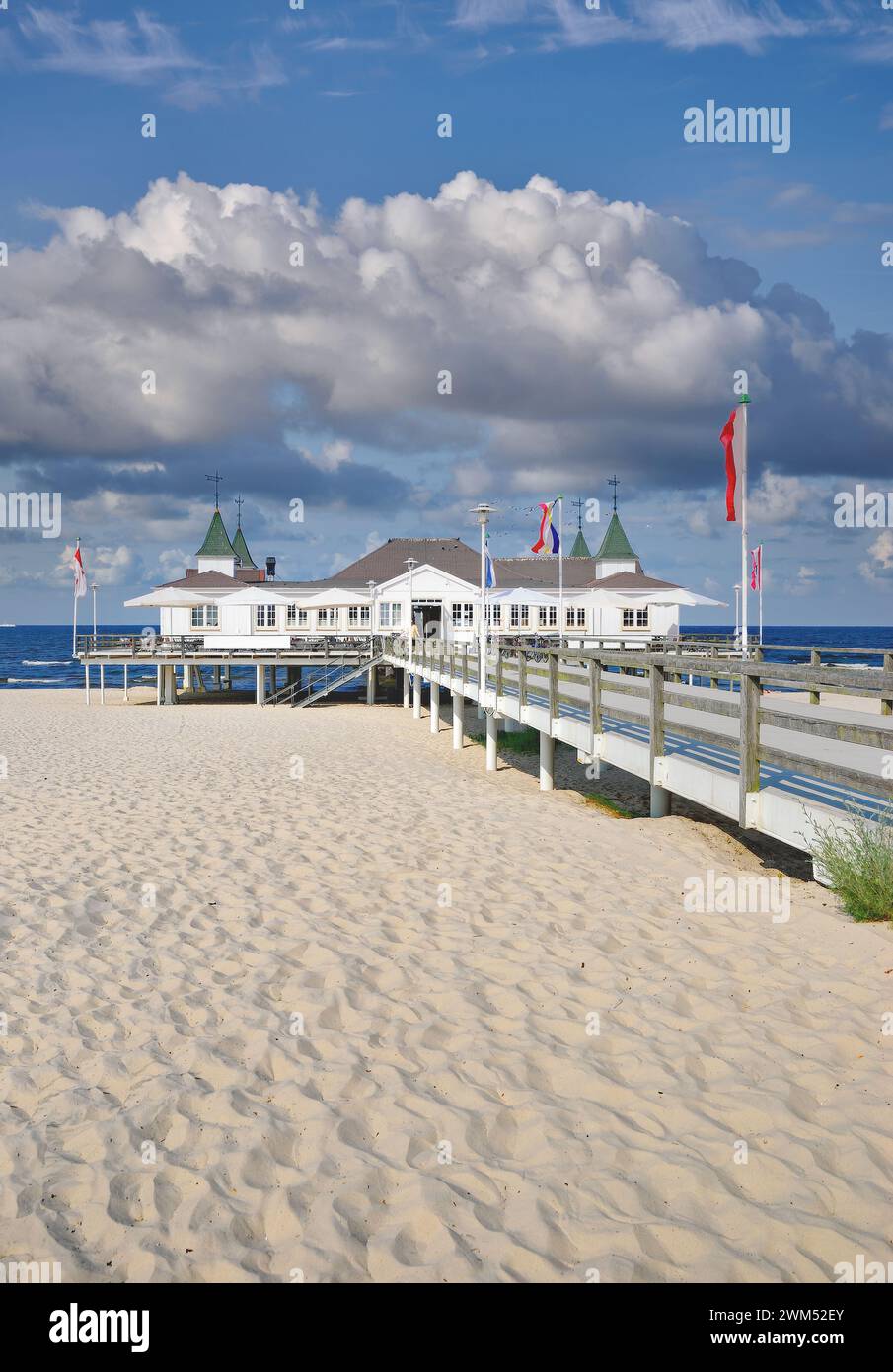 Beach and Pier of Ahlbeck at baltic Sea,Usedom,Mecklenburg-Vorpommern;Germany Stock Photo