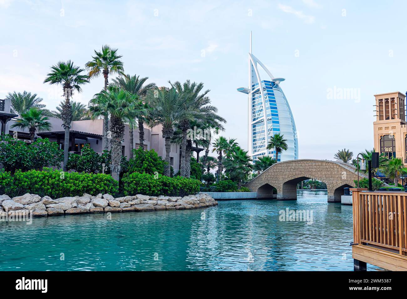 Dubai, UAE , United Arab Emirates. November 29th, 2022.: Madinat Jumeirah with in the background the Burj Al Arab, Dubai, United Arab Emirates Stock Photo