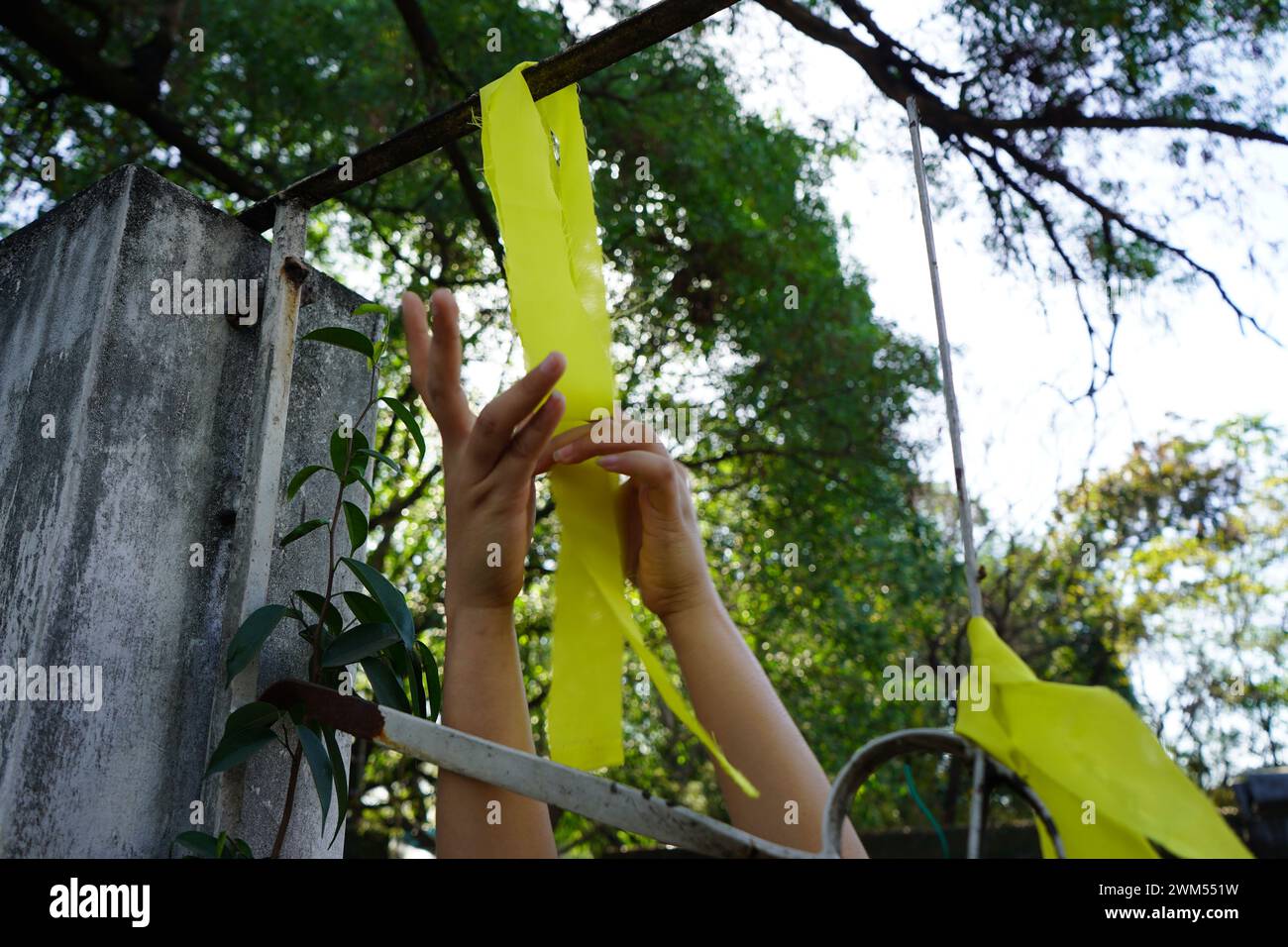 Quezon City, Philippines. 24th February 2024. Victims of human rights violation during the Martial Law and human rights advocates make ties with yellow ribbons around Bantayog ng mga Bayani during the weeklong celebration of the 38th EDSA People Power Revolution Anniversary on February 24, 2024 in Quezon City, Philippines. The initiative aims to celebrate the historic victory of the Pilipino people and reaffirm the democratic legacy of EDSA Revolution.(Credit Image: © Sherbien Dacalanio/Alamy Live News) Stock Photo