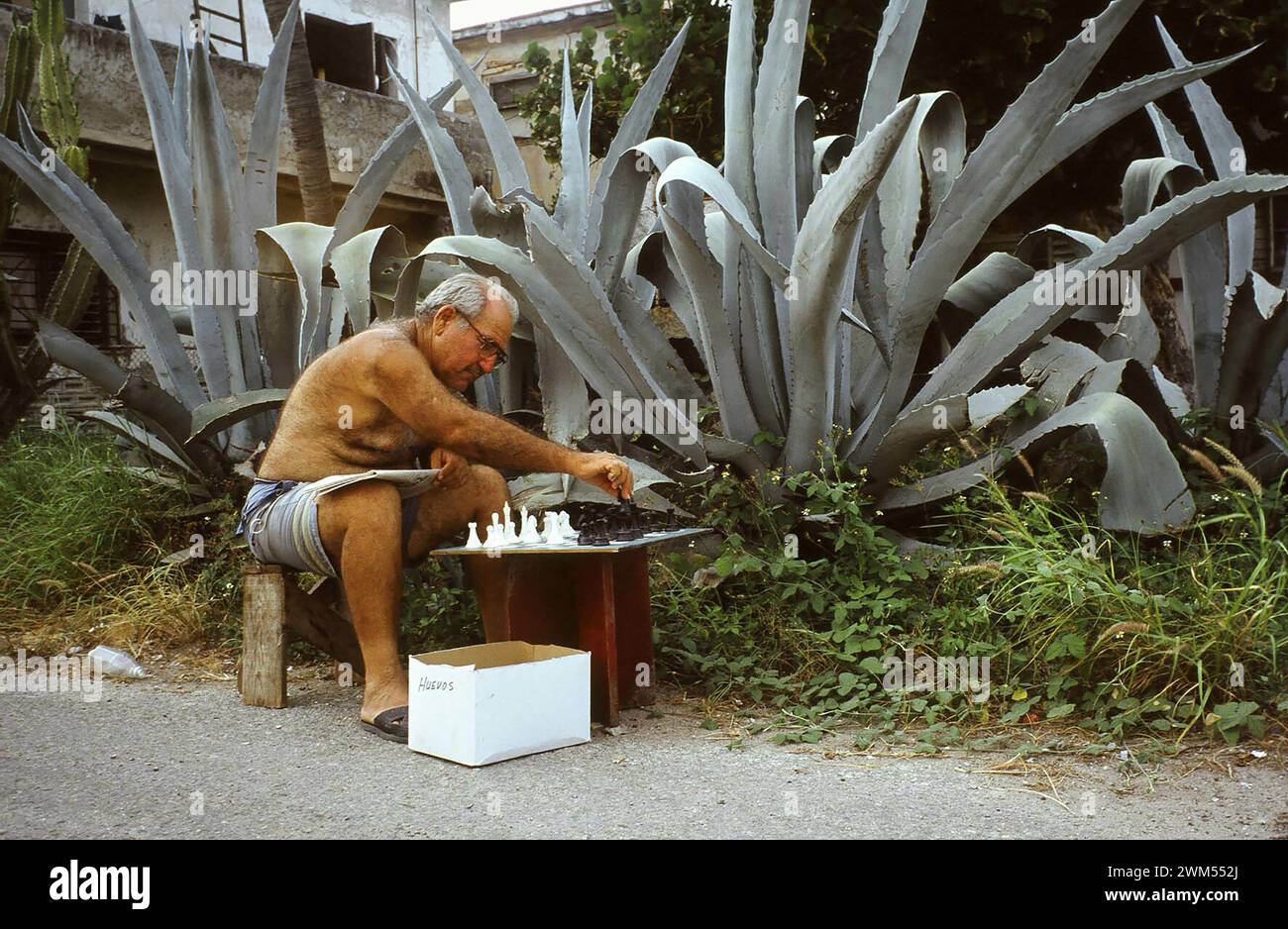 A man plays chess with himself on the street in Cojimar. Stock Photo