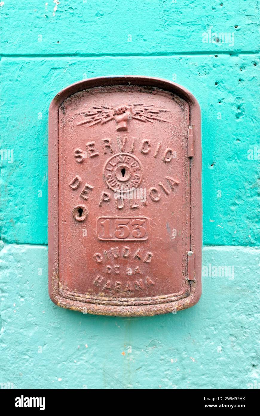 Old police telephone in the streets of Centro Havana. Stock Photo