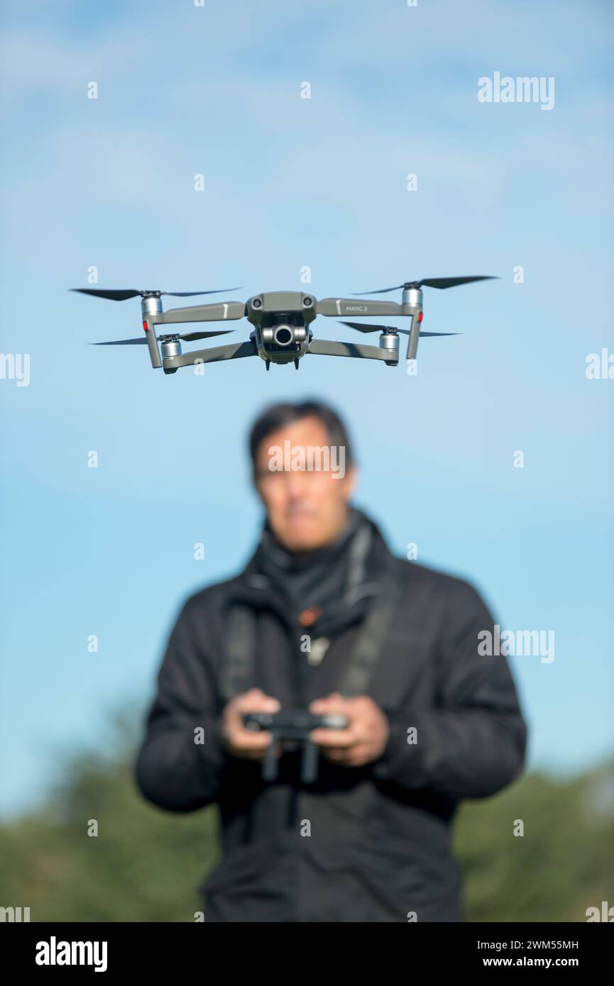 Drone flight at the flight school in Algaida Stock Photo