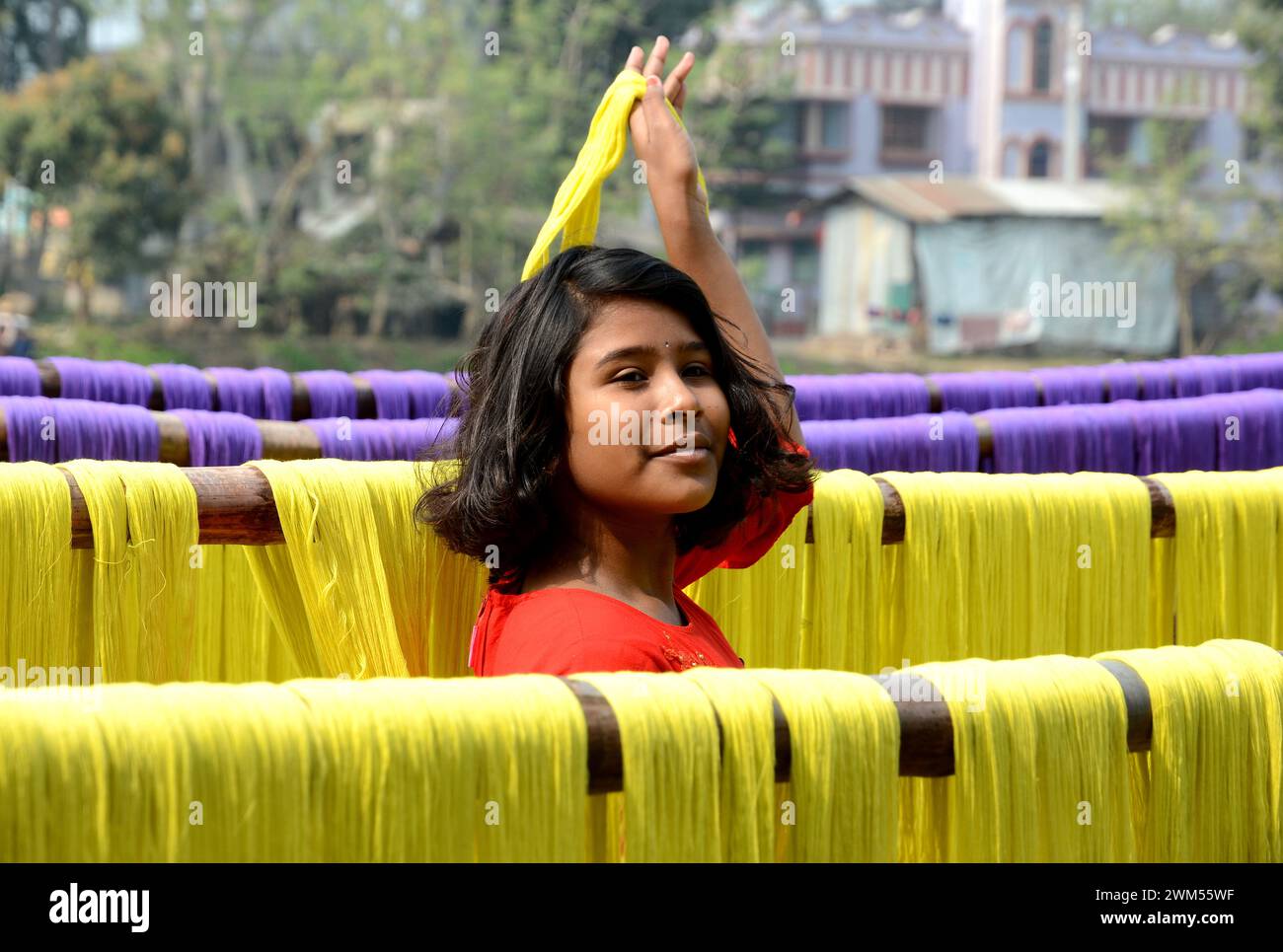 Colorful threads hang to dry in the sun light. a palette of colours as girl  hang the dyed sheets out to dry in Santipur, West Bengal.. Stock Photo