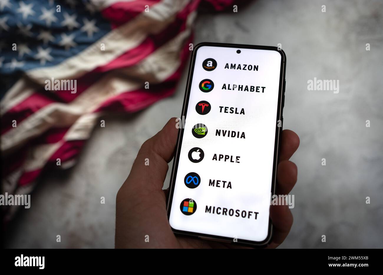 Magnificent Seven - The biggest companies in information technology displayed on smartphone Stock Photo