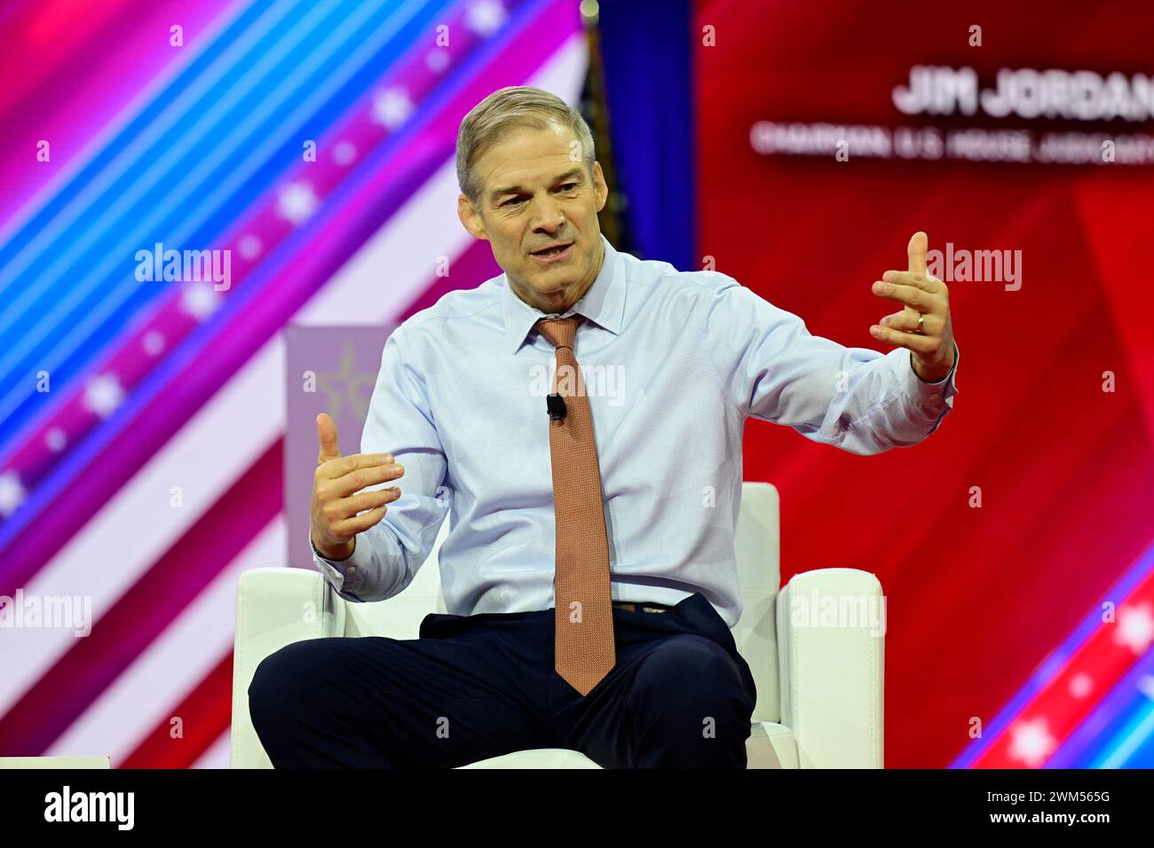 National Harbor, Maryland, USA. 23rd Feb 2024. United States Representative Jim Jordan (Republican of Ohio), Chair, US House Committee on the Judiciary is interviewed by Matt Schlapp, chairman of the American Conservative Union during a panel titled “What You Talking Bout Fani Willis?” at the 2024 Conservative Political Action Conference (CPAC) in National Harbor, Maryland, US, on Friday, February 23, 2024. Credit: Ron Sachs /CNP /MediaPunch Credit: MediaPunch Inc/Alamy Live News Stock Photo