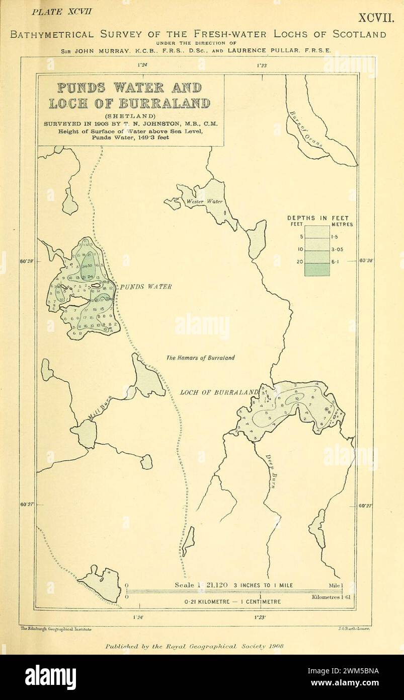 Bathymetrical survey of the lochs of Scotland Murray 1910 Volume 6 Plate 97 Punds Water and Loch of Burraland) bathymetricalsur61910murr 0151. Stock Photo