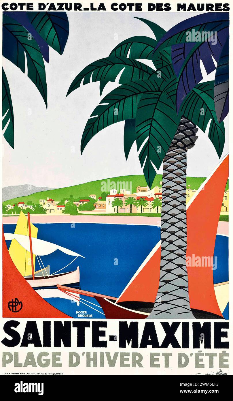 Vintage Travel Poster.  'Sainte-Maxime - Plage d'Hiver et d'Été' . France by Roger Broders, 1920s.  French Riviera beach, with palm trees and sailboats.  art deco Stock Photo