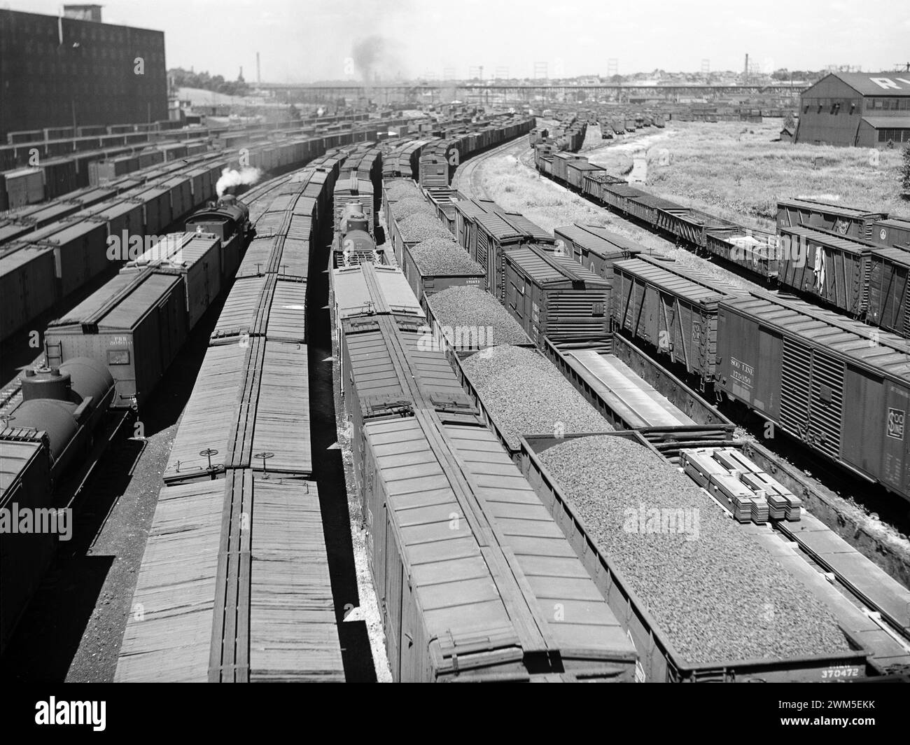 1940s Vintage Railroad yard full of freight trains. Milwaukee, Wisconsin Vachon, John, 1914