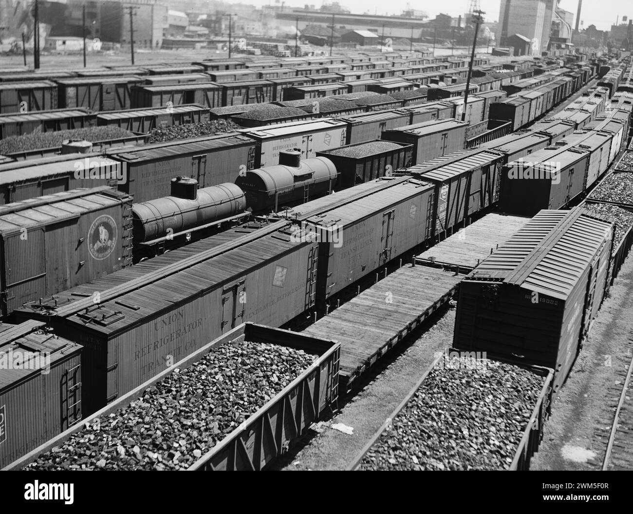 Railroad yards. Milwaukee, Wisconsin. All time records for amount of freight in yards are being set - 1941 - John Vachon photo Stock Photo