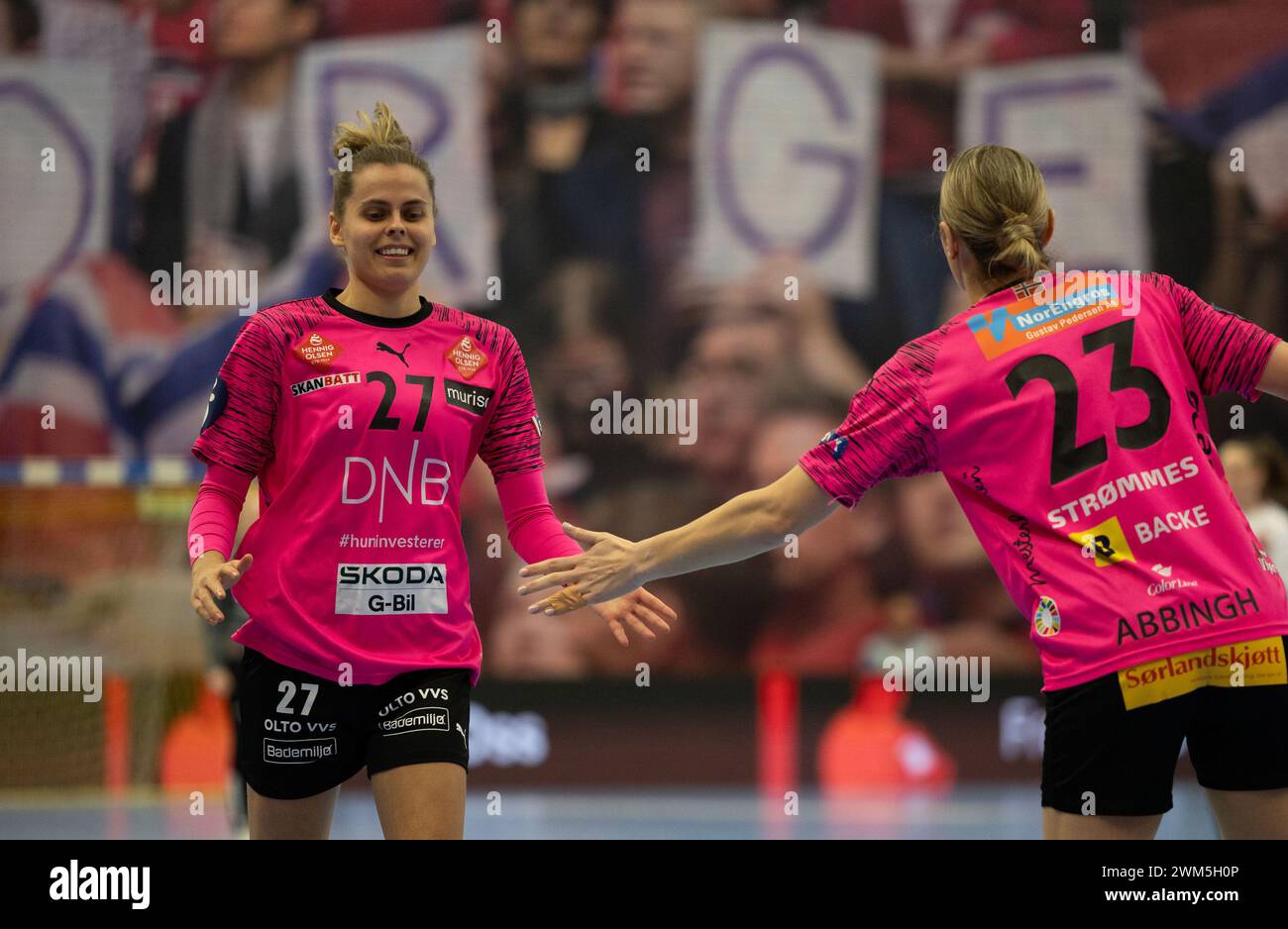 Arendal, Norway. 24th Feb, 2024. Arendal, Norway, February 24th 2024: Sunniva Amalie Naes Andersen (27 Vipers) and Lois Abbingh (23 Vipers) are seen during the Norwegian Championship semi final handball game between Vipers and Larvik at Sor Amfi in Arendal, Norway (Ane Frosaker/SPP) Credit: SPP Sport Press Photo. /Alamy Live News Stock Photo