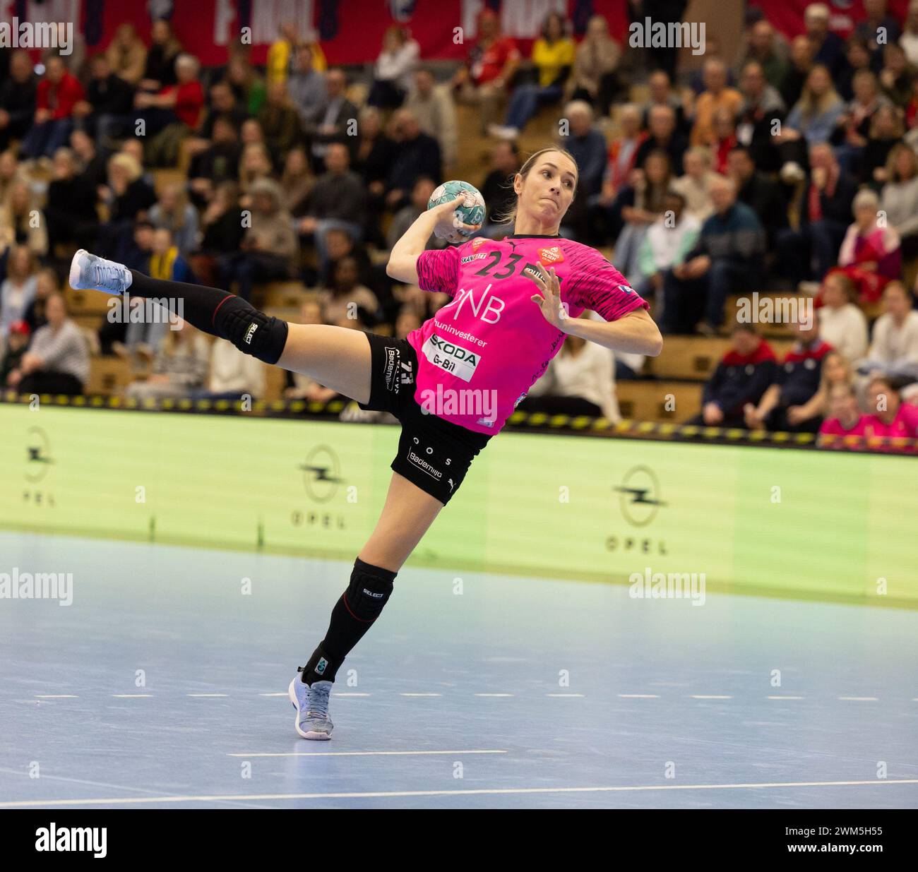 Arendal, Norway. 24th Feb, 2024. Arendal, Norway, February 24th 2024: Lois Abbingh (23 Vipers) takes a penalty shot during the Norwegian Championship semi final handball game between Vipers and Larvik at Sor Amfi in Arendal, Norway (Ane Frosaker/SPP) Credit: SPP Sport Press Photo. /Alamy Live News Stock Photo