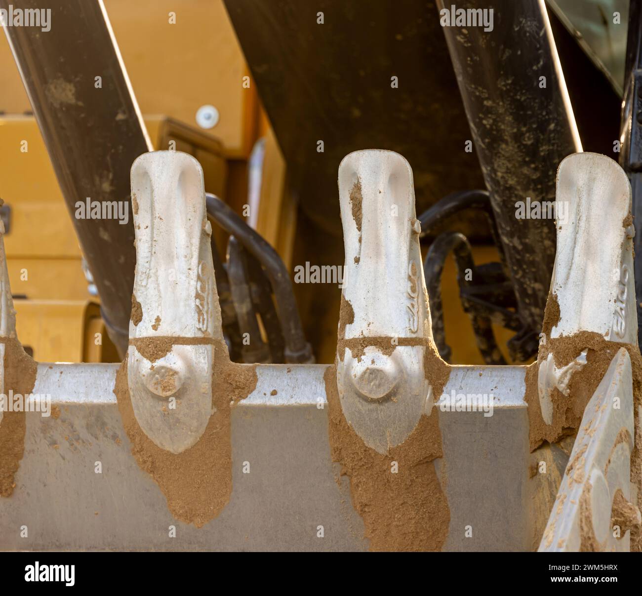 Detail image of bucket teeth on a piece of construction equipment Stock Photo