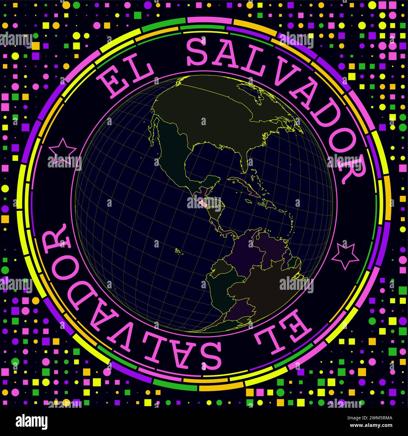 Futuristic El Salvador on globe. Bright neon satelite view of the world centered to El Salvador. Geographical illustration with shape of country and g Stock Vector
