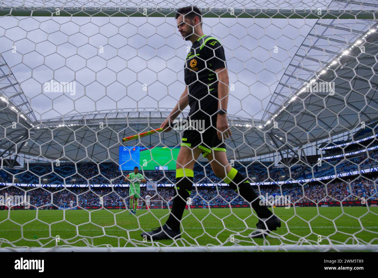 Sydney, Australia. 24th Feb, 2024. Assistant referee, Kearney Robinson inspects the goal nets before the A-League Men Rd18 match between Sydney FC and Melbourne City at Alliance Stadium on February 24, 2024 in Sydney, Australia Credit: IOIO IMAGES/Alamy Live News Stock Photo