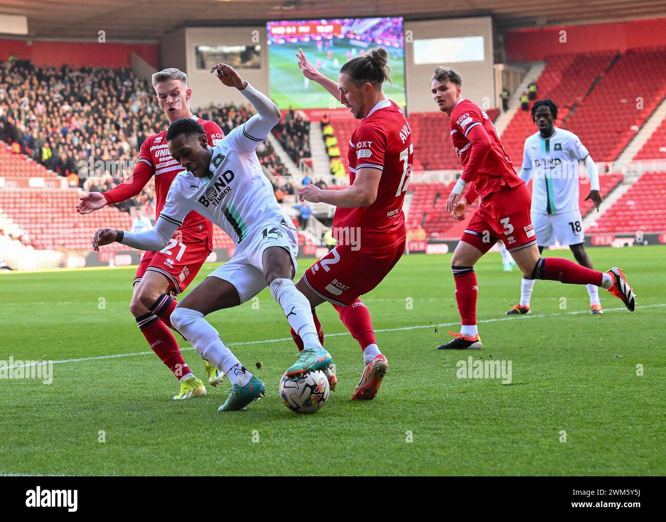 Mickel Miller of Plymouth Argyle shields the ball  during the Sky Bet Championship match Middlesbrough vs Plymouth Argyle at Riverside Stadium, Middlesbrough, United Kingdom, 24th February 2024  (Photo by Stan Kasala/News Images) Stock Photo