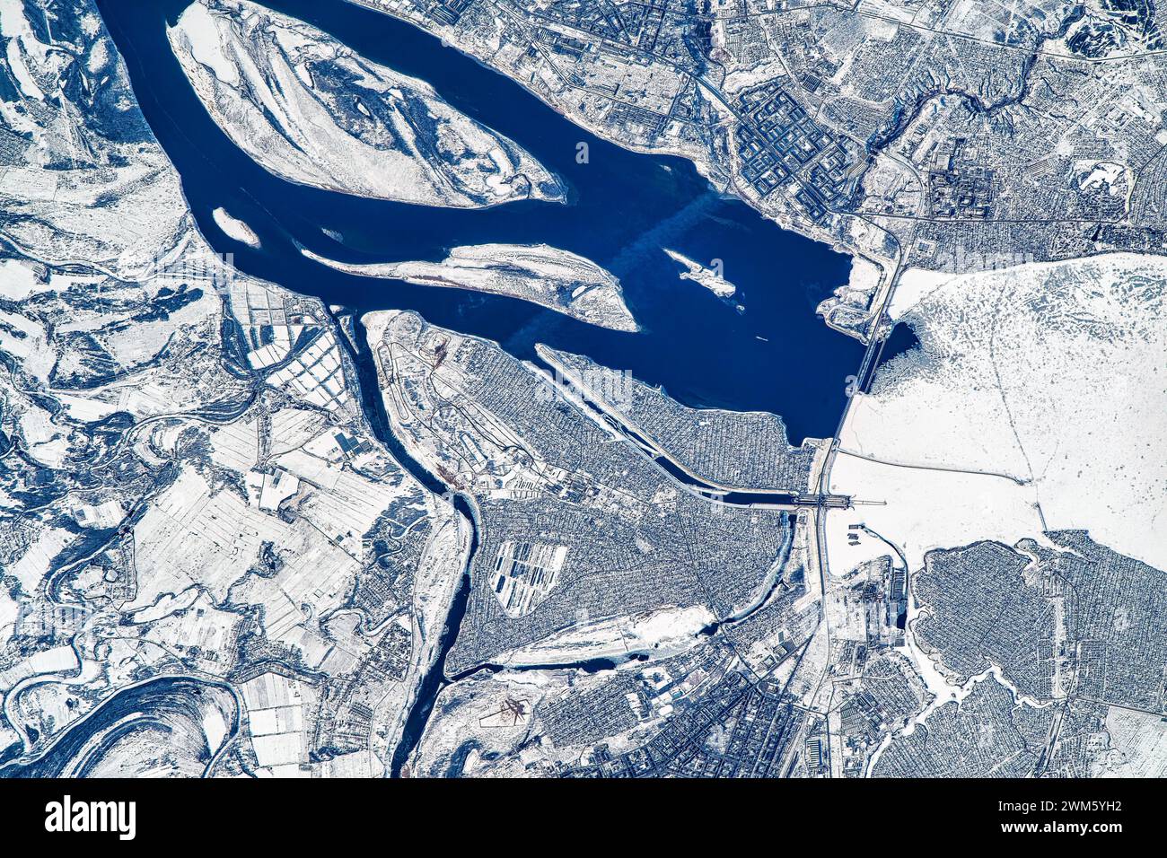 Winter land river feature close to Volgograd, Russia. Digital enhancement of an image by NASA Stock Photo