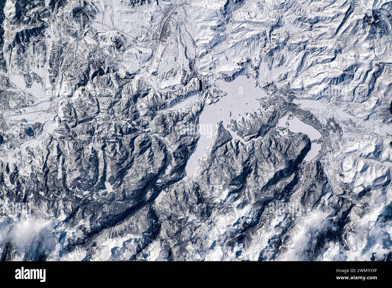 Winter frozen land and water close to Lake Granby, Colorado, USA. Digital enhancement of an image by NASA Stock Photo