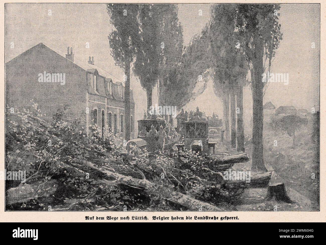 Belgian troops block a road in Liège - Lüttich against the German advance 1914. Stock Photo