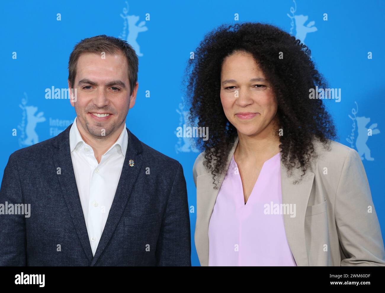 Berlin, Germany, 21st February 2024, Philipp Lahm and Celia Šašić at the photo call for Elf Mal Morgen: Berlinale Meets Fußball (Eleven Tomorrows: Berlinale Meets Football), eleven short documentaries have been commissioned about eleven different youth football teams, at the 74th Berlinale International Film Festival. Photo Credit: Doreen Kennedy / Alamy Live News. Stock Photo