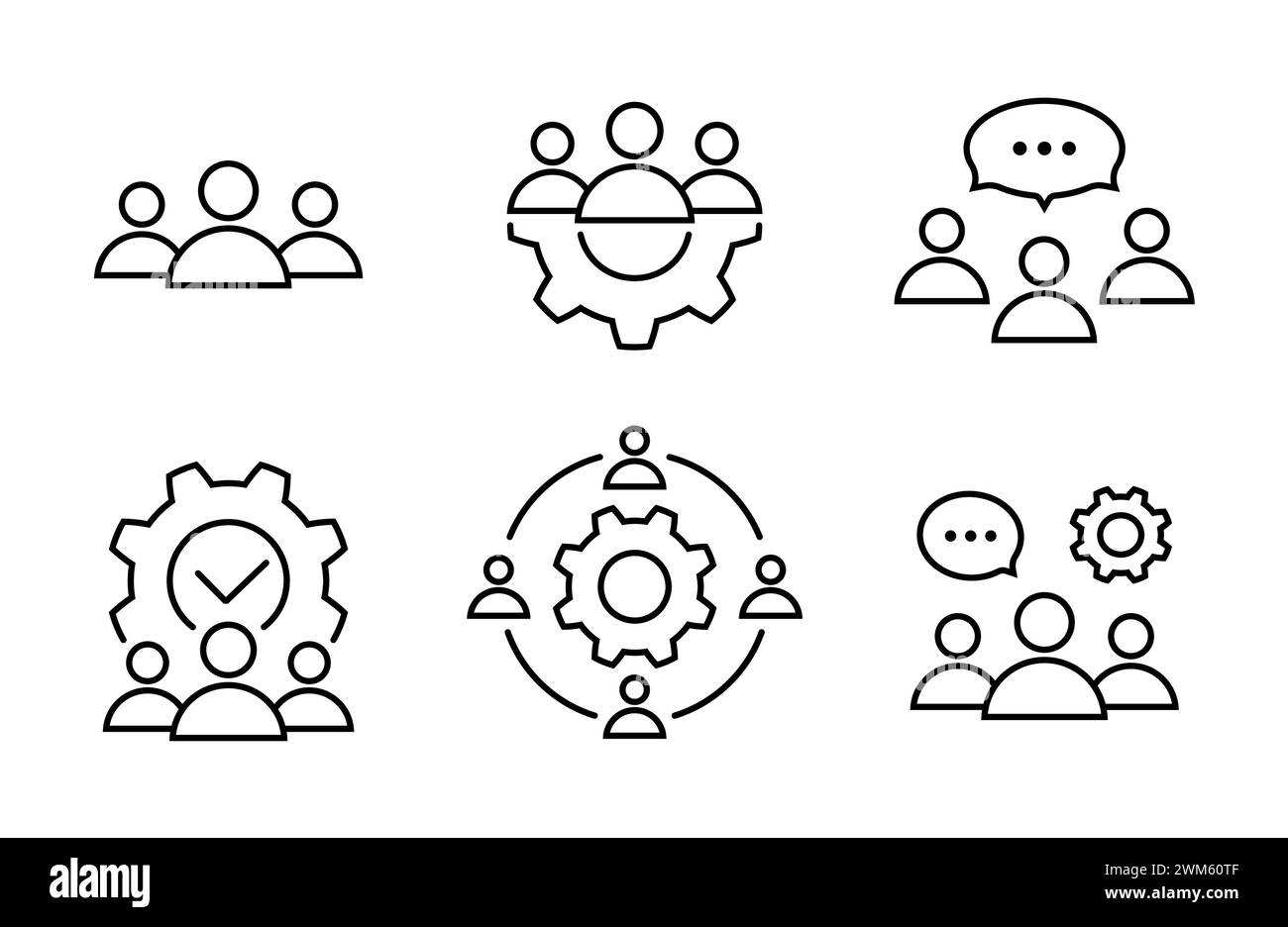Business line icon set in flat style. Teamwork, chat or discussion, process and brainstorming symbols on white. Simple abstract icons. Vector illustra Stock Vector