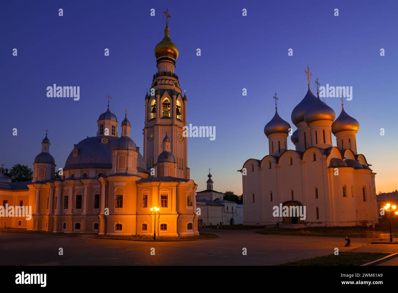 Ancient Resurrection and St. Sophia Cathedrals on August night. Vologda, Russia Stock Photo