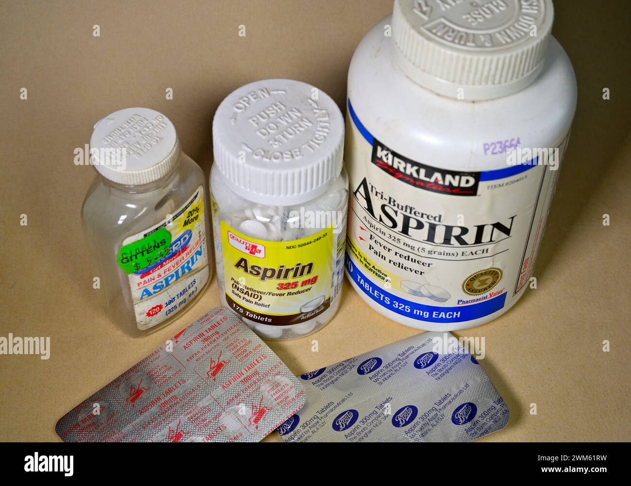 Aspirin tablets, pills individually wrapped in foil packaging which can