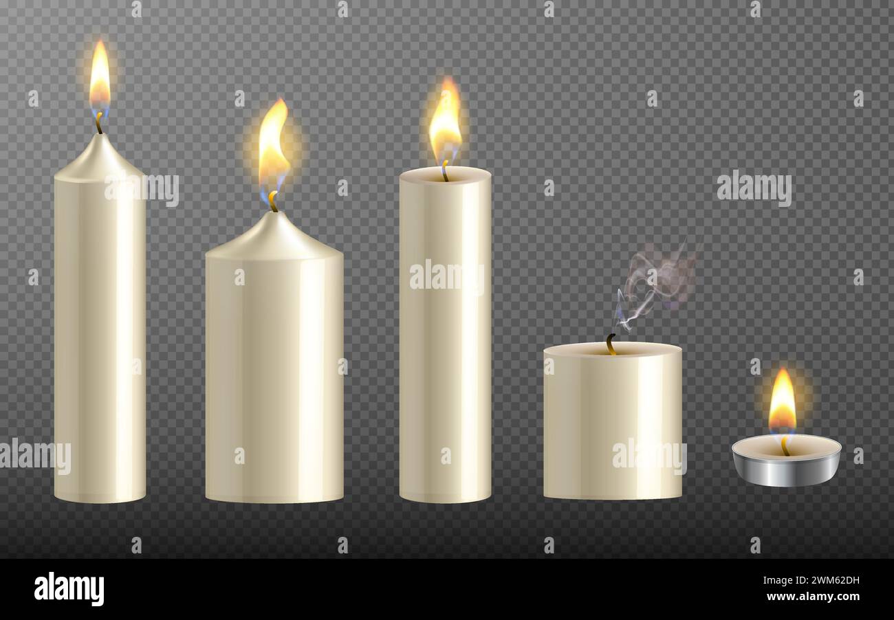 Vector realistic white candle set with fire isolated on transparent ...