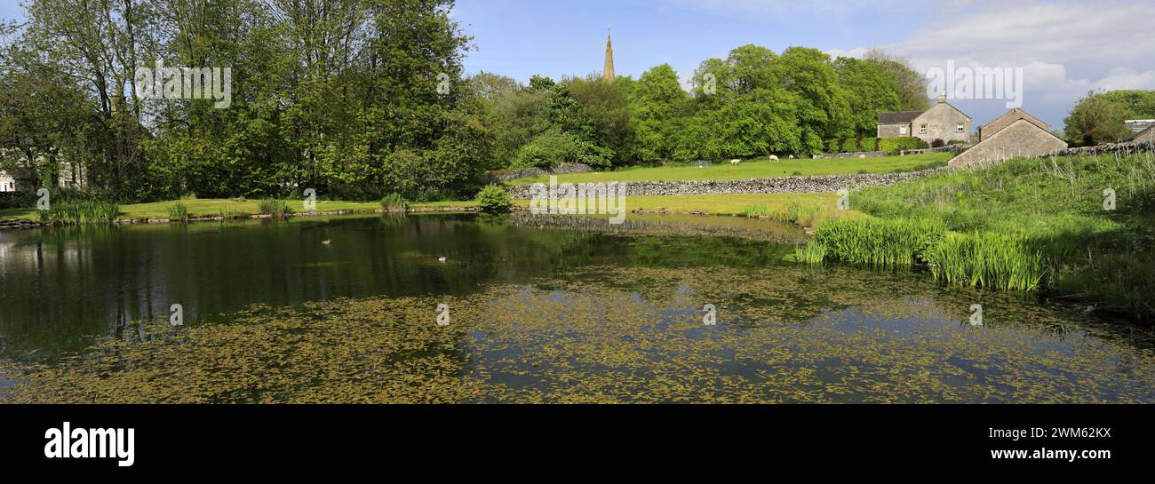 Summer view over Monyash village pond, Peak District National Park ...