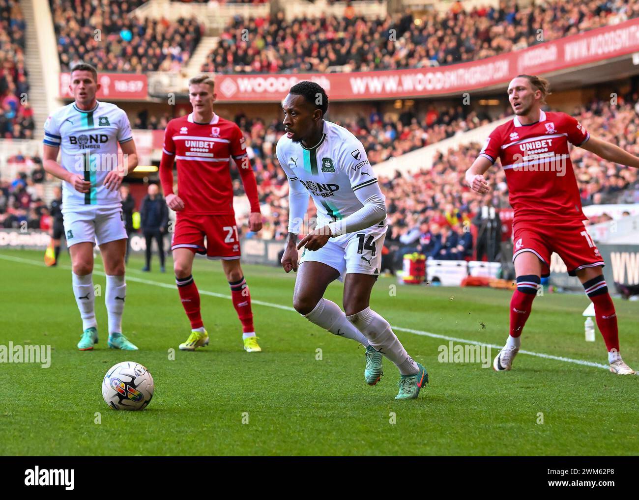 Mickel Miller of Plymouth Argyle attacking during the Sky Bet Championship match Middlesbrough vs Plymouth Argyle at Riverside Stadium, Middlesbrough, United Kingdom, 24th February 2024 (Photo by Stan Kasala/News Images) in, on 2/24/2024. (Photo by Stan Kasala/News Images/Sipa USA) Credit: Sipa USA/Alamy Live News Stock Photo