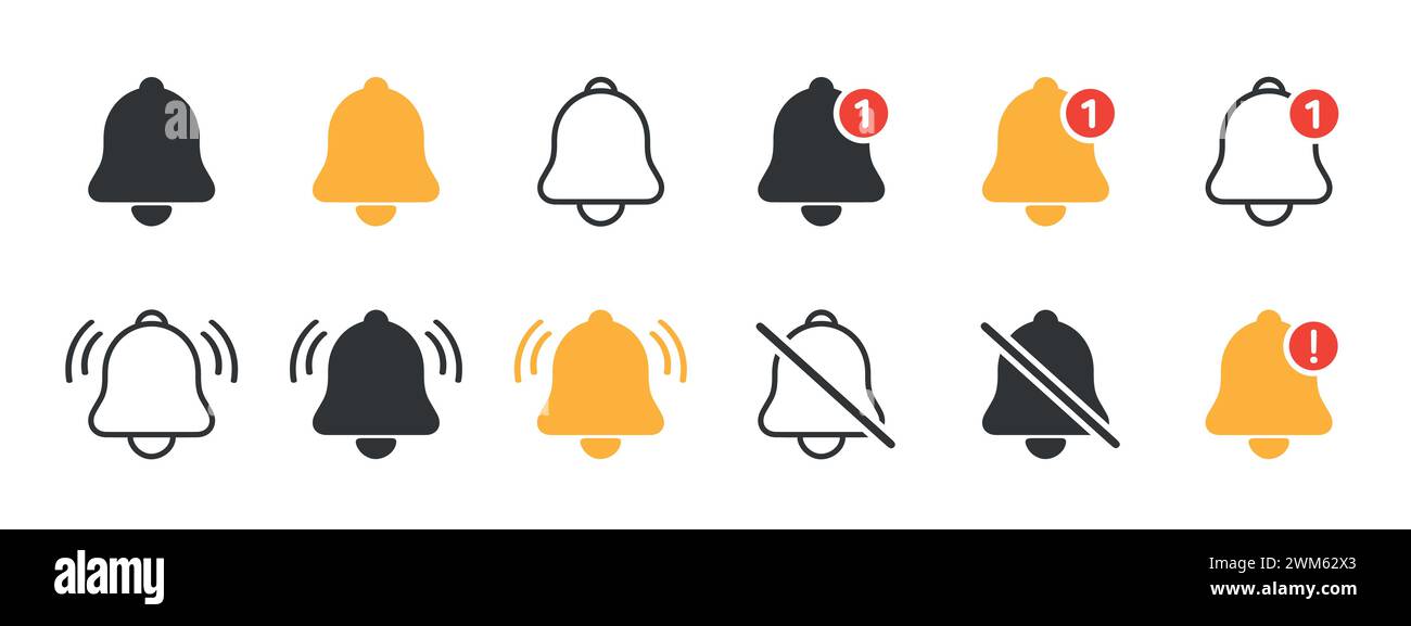 Notification bell icon set. inbox message. Ringing bell