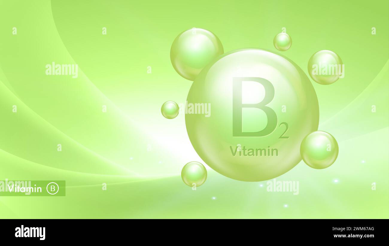 Vitamin B2 vector banner with drop bubbles. Medical poster of vitamin B complex. Health and