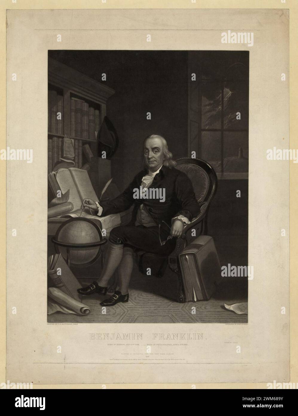 Benjamin Franklin - born in Boston, Jany. 17th 1706 - died in Philadelphia, April 17th 1790 - painted by T.H. Matteson, Esqr. ; engraved by Heny. S. Sadd. Stock Photo