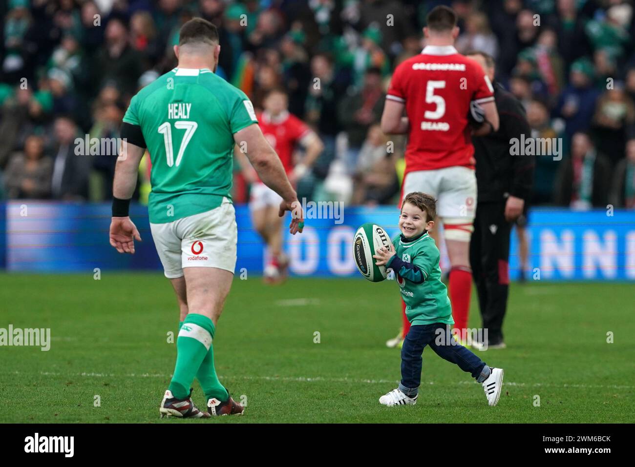 Ireland's Cian Healy with son Beau after the Guinness Six Nations match at the Aviva Stadium in Dublin, Ireland. Picture date: Saturday February 24, 2024. Stock Photo