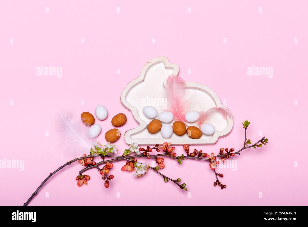Eier und Zweige mit Frühlingsblüten vor einem pinken Hintergrund *** Eggs and twigs with spring flowers against a pink background Stock Photo