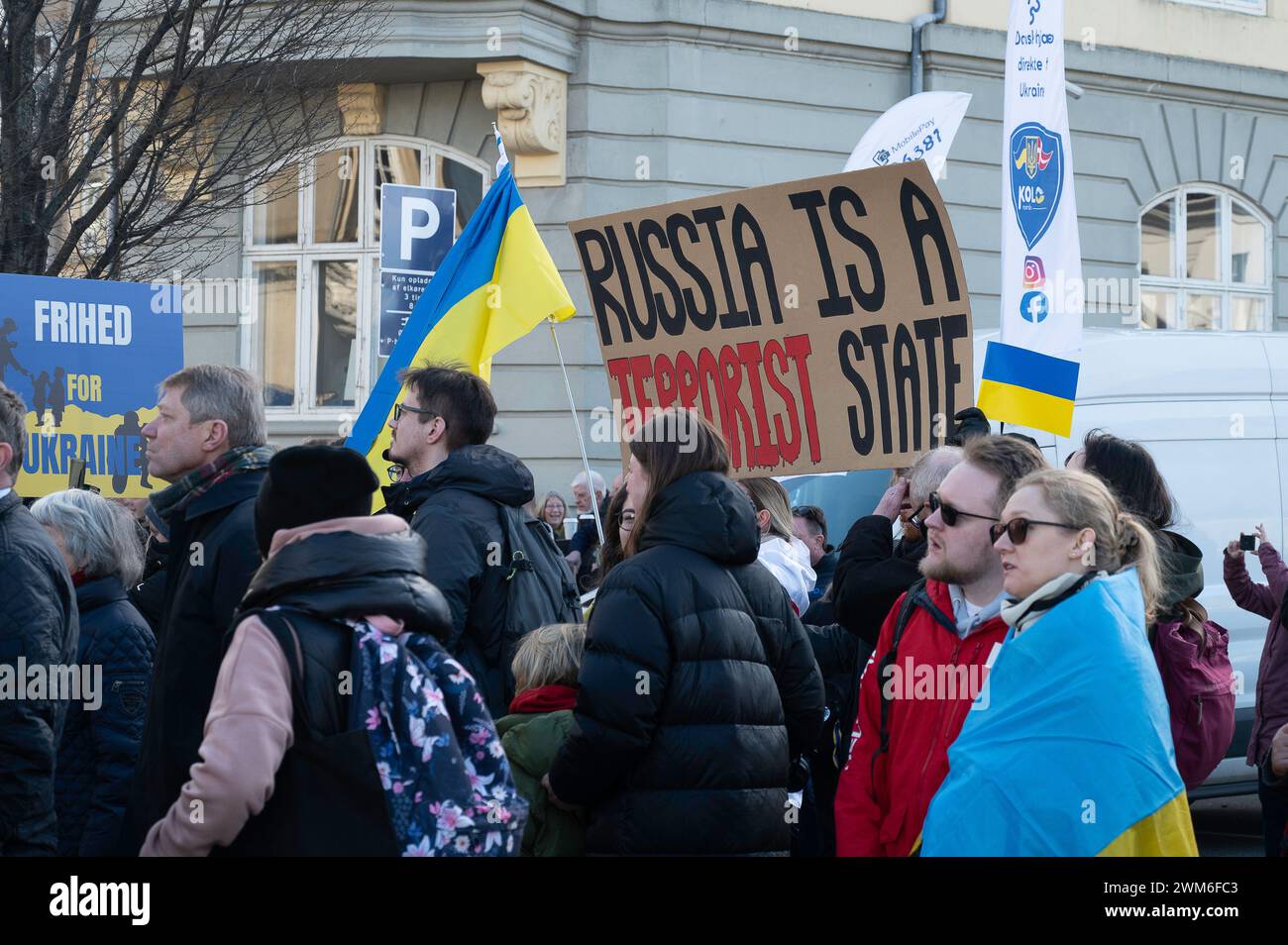 Copenhagen, Denmark, February 24, 2023. Demonstration in front of the Russian Embassy in Copenhagen on the second anniversary of the war. Credit: Stig Alenäs/Alamy Live News Stock Photo