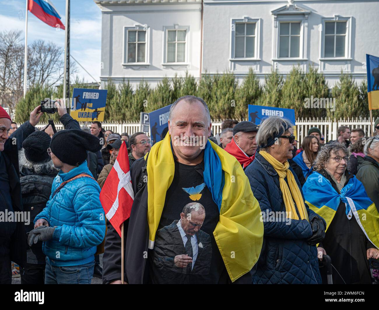 Copenhagen, Denmark, February 24, 2023. Demonstration in front of the Russian Embassy in Copenhagen on the second anniversary of the war. Credit: Stig Alenäs/Alamy Live News Stock Photo