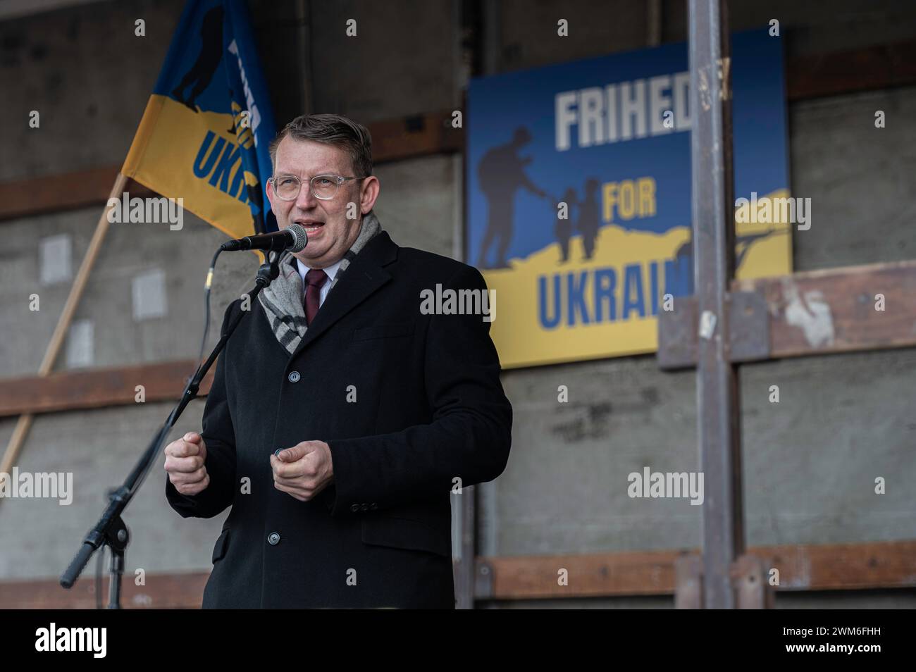 Copenhagen, Denmark, February 24, 2023. Deputy Prime Minister and Minister of Defense Troels Lund Poulsen speaks in front of the Russian Embassy in Copenhagen on the second anniversary of the war. Stock Photo